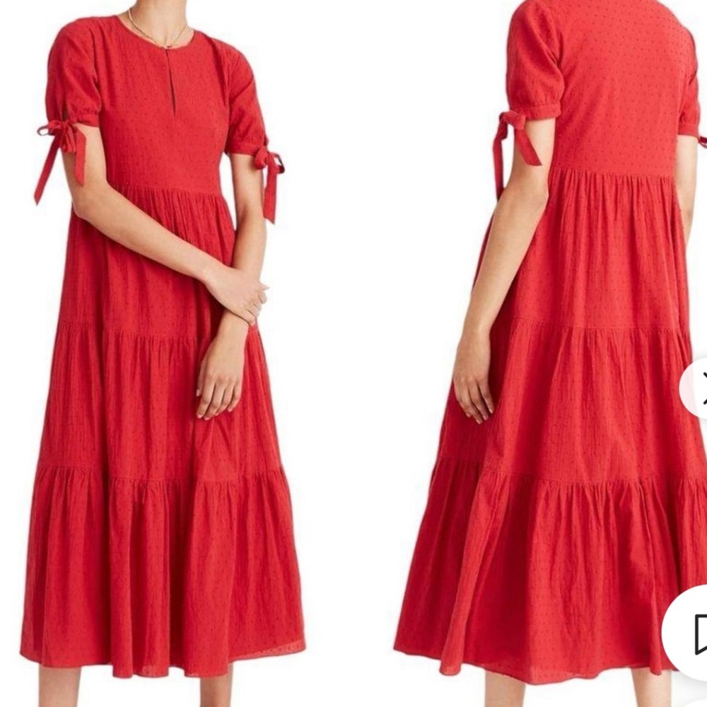 MADEWELL Tie-Sleeve Tiered Midi Dress in Swiss Dot